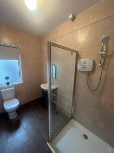 uma casa de banho com um chuveiro e um WC. em Yeats Lodge Self catering Apartment and Bar em Galway