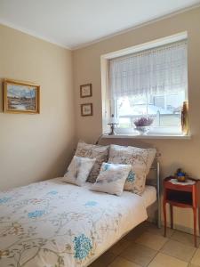 a bedroom with a bed with pillows and a window at Lawendowa Galeria MINI in Brożec