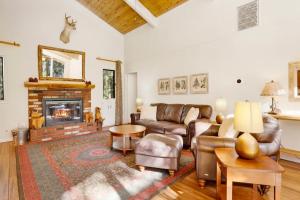 een woonkamer met een bank en een open haard bij 2331-Ashwood Pines chalet in Big Bear Lake