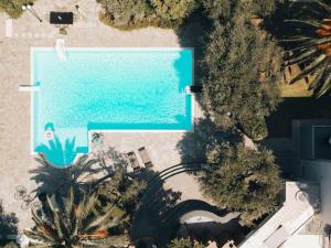 an overhead view of a swimming pool and trees at Rio Deluxe Villa in Áyios Yeóryios