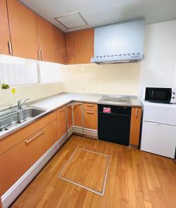 uma pequena cozinha com um lavatório e uma máquina de lavar louça em 貸切 一戸建て古民家 3部屋 静か em Osaka