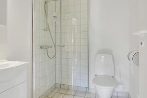 a bathroom with a shower and a toilet at Den Gamle Kro Hornslet in Hornslet