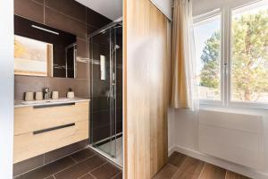een badkamer met douche, wastafel en raam bij Appartement Maeva in Saint-Pée-sur-Nivelle