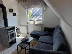 sala de estar con sofá y chimenea en Wruck,Ferienwohnung en Schneverdingen