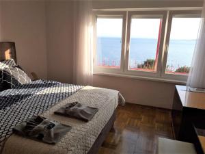 a bedroom with a bed with a view of the ocean at Apartment Zeljka in Crveni Vrh