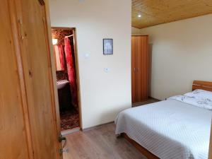 um quarto com uma cama e uma porta para uma casa de banho em La cascada Sipot em Merişor
