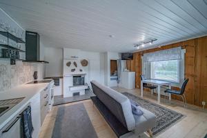 a kitchen and living room with a couch and a table at Levin Nietos in Kittilä