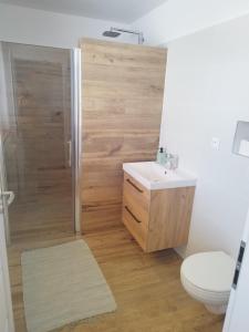 W łazience znajduje się prysznic, toaleta i umywalka. w obiekcie Ubytovanie Vo dvore w mieście Badín