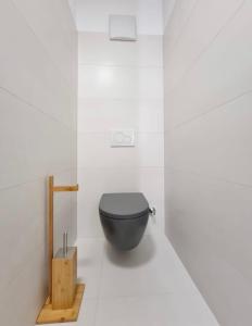 a bathroom with a black toilet in a white wall at BaMo Studio - city living downtown in Klagenfurt