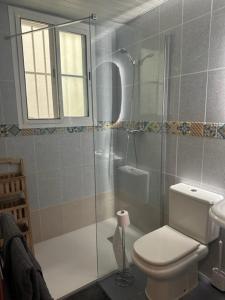 a bathroom with a toilet and a glass shower at Casa Balcones - Benalmadena Pueblo in Benalmádena