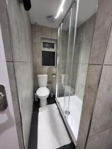 a small bathroom with a toilet and a shower at Lovely 2-Bed Apartment in Grays in South Ockendon