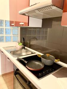 a kitchen with two pans sitting on the stove at Appartamento Bolzano Centro Talvera in Bolzano