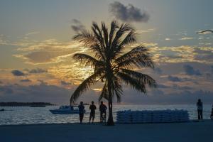 a group of people standing under a palm tree on the beach at Maaniya Palace in Maamigili