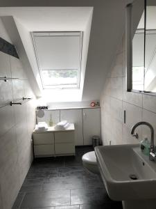 La salle de bains est pourvue d'un lavabo, de toilettes et d'une fenêtre. dans l'établissement am Heider Bergsee, à Brühl