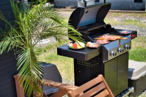 a barbecue grill with two plates of food on it at racine(ラシーヌ)【一棟貸切別荘】縄文杉・飲食店へアクセス利便な安房エリア／BBQ利用可能！ in Yakushima