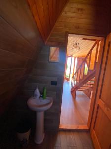 Hotel Skiatori 2 في Kukës: حمام مع حوض في كابينة خشبية