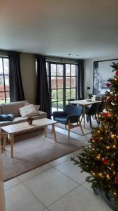 a living room with a christmas tree in it at Vakantiehuis Rosselaer in Balen