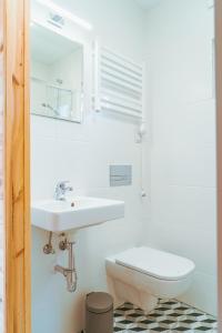 een witte badkamer met een wastafel en een toilet bij Arche Siedlisko Piłka Boisko 