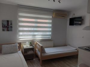 um quarto com uma cama e uma janela com uma cortina em Apartments Sofija em Niš