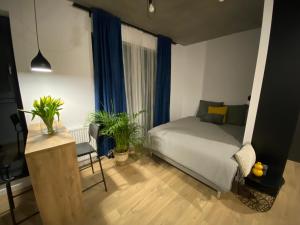 sypialnia z łóżkiem z niebieskimi zasłonami i roślinami w obiekcie Apartamenty Silver Place w Szczecinie