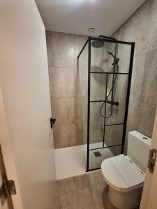 a bathroom with a shower with a toilet at Hotel Portucalense in Porto