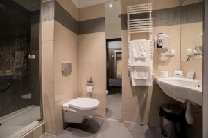 a bathroom with a toilet and a sink and a shower at Hotel Meeting in Toruń
