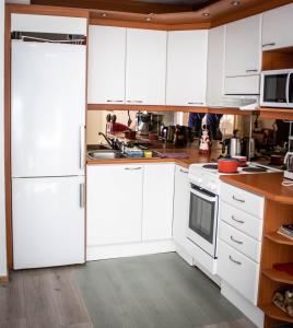una cucina con armadietti bianchi e frigorifero bianco di Santa's Row house a Rovaniemi