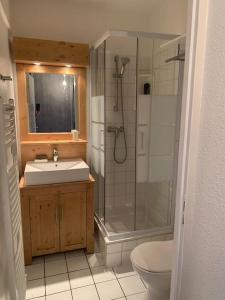 a bathroom with a sink and a shower and a toilet at App 4/6 pers plein centre des 2alpes 100 m pistes in Les Deux Alpes