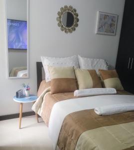 a bedroom with a bed with pillows and a mirror at Apartamento sector exclusivo acogedor in Bogotá