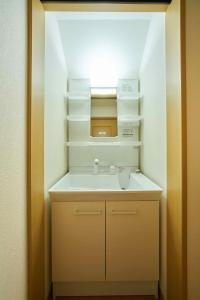 uma pequena casa de banho com lavatório e prateleiras em Guest House Kingyo - Vacation STAY 14499 em Sapporo