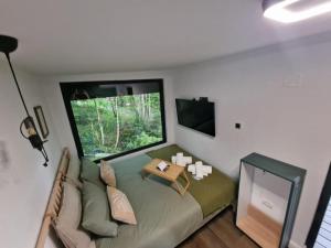 a living room with a couch and a table at Tiny House 4 Two in Văliug