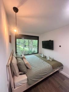 a bedroom with a large bed with a window at Tiny House 4 Two in Văliug