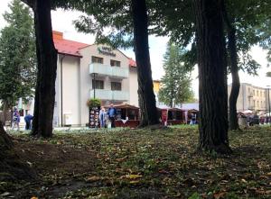 um grupo de árvores em frente a um edifício em Hotel Brzozówka em Busko-Zdrój