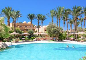 two people swimming in a pool at a resort with palm trees at Grand Makadi - Couples and Families Only in Hurghada