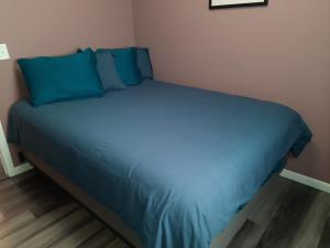 a bed with blue sheets and blue pillows in a room at Catskill, Your Place to Be in Catskill