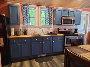 una cocina con armarios azules y fregadero en Catskill, Your Place to Be, en Catskill
