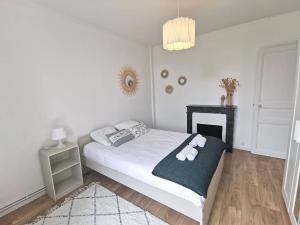 Dormitorio blanco con cama y chimenea en Nouveau - Au bout du quai en Nantes