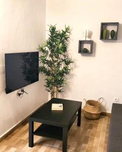 uma sala de estar com uma mesa de café preta e uma planta em Villa MIA 2.0 em Giniginámar