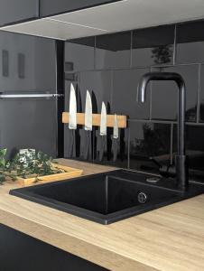 a kitchen counter with a black sink and knives at L'Apesanteur - Hypercentre / Quai de Grenoble in Grenoble