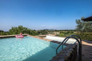 uma piscina com uma jangada insuflável cor-de-rosa em Casale di Primula Rossa em Canino