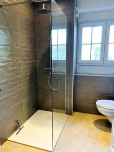 uma casa de banho com um chuveiro e um WC. em L'échappée Belle "Europa Park" em Rhinau