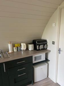 a kitchen with a counter top with a microwave at Kildare countryside pods in Kildare