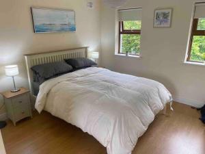 um quarto com uma cama grande e 2 janelas em Beautiful 3 Bedroom House in Coolaney Village County Sligo 