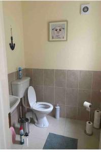 a bathroom with a toilet and a sink at Beautiful 3 Bedroom House in Coolaney Village County Sligo 