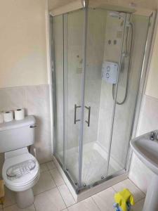 uma casa de banho com um chuveiro, um WC e um lavatório. em Beautiful 3 Bedroom House in Coolaney Village County Sligo 