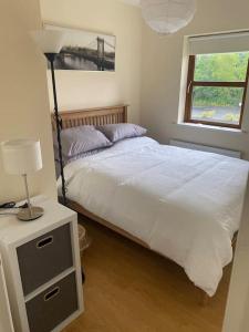 a bedroom with a bed and a lamp and a window at Beautiful 3 Bedroom House in Coolaney Village County Sligo 