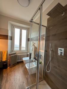 a bathroom with a shower and a sink at Plaza Apartment in Cannobio