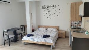 a small bedroom with a bed and a sink at Villa Stedar in Ohrid