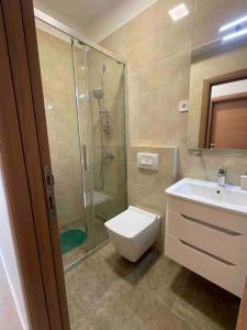 a bathroom with a shower and a toilet and a sink at Comfortable apartment of 50 square meters in Herceg-Novi