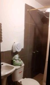 a bathroom with a white toilet and a sink at Casas campestre en un lugar encantador a las faldas del Taita Imbabura in Hacienda Chichavo